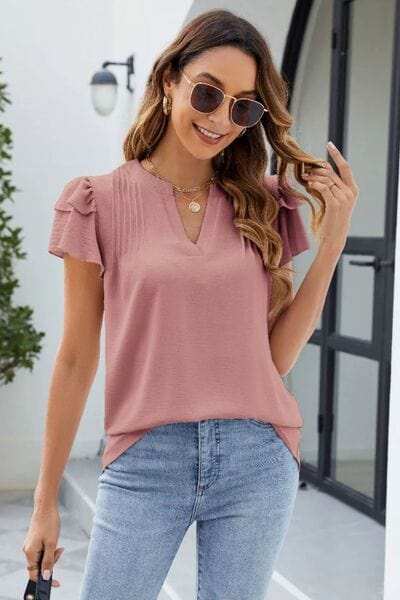Ruffled Notched Short Sleeve Blouse - Trendsi - Flyclothing LLC