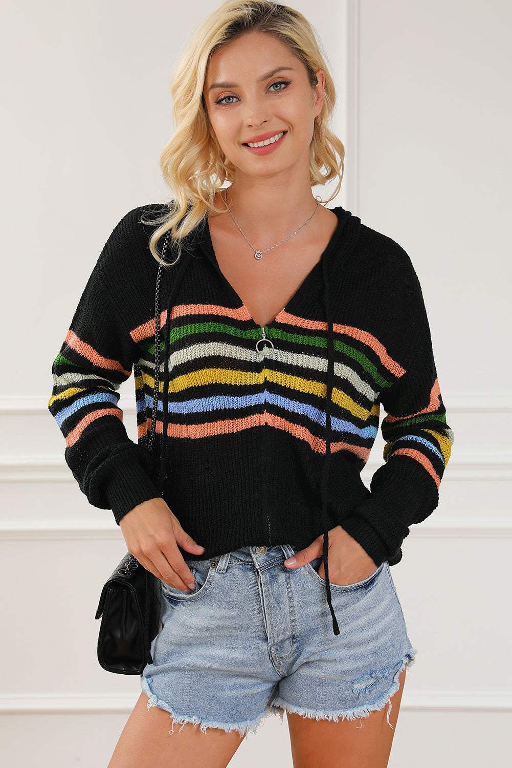 Striped Zip Up Hooded Sweater Cardigan - Trendsi - Flyclothing LLC
