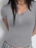 Ribbed Button Detail Round Neck Short Sleeve T-Shirt - Trendsi - Flyclothing LLC