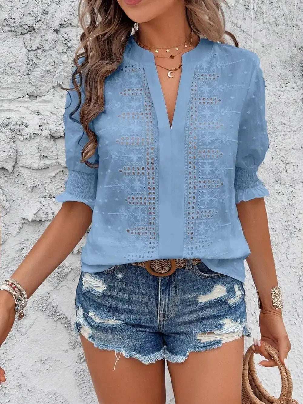 Eyelet Notched Flounce Sleeve Blouse - Trendsi - Flyclothing LLC