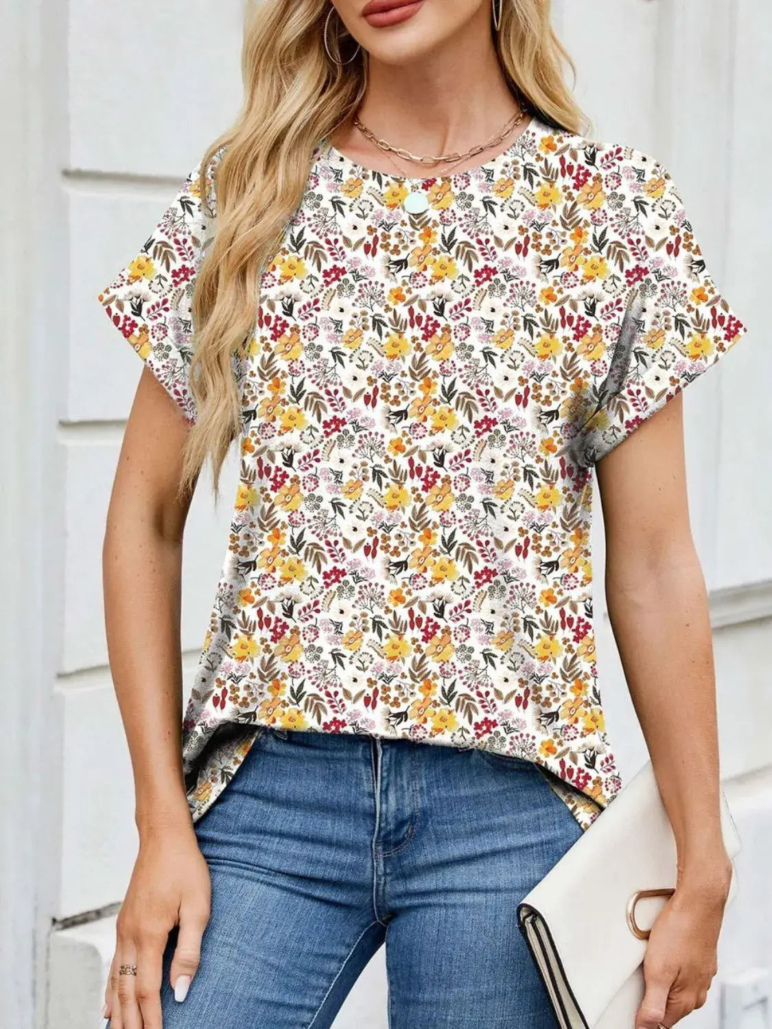 Printed Round Neck Short Sleeve Top - Trendsi - Flyclothing LLC
