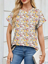 Printed Round Neck Short Sleeve Top - Trendsi - Flyclothing LLC