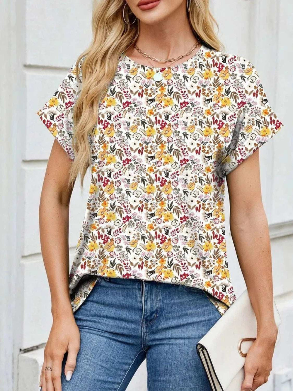 Printed Round Neck Short Sleeve Top - Trendsi - Flyclothing LLC