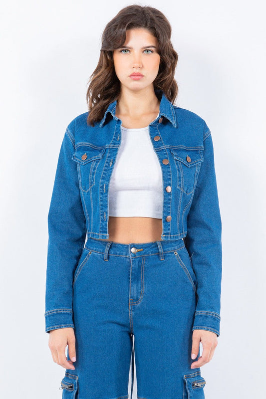 American Bazi Laced Back Cropped Denim Jacket - Trendsi