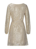 Sequin Tie Waist Long Sleeve Mini Dress - Trendsi