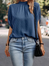 Swiss Dot Mock Neck Half Sleeve Blouse - Trendsi - Flyclothing LLC
