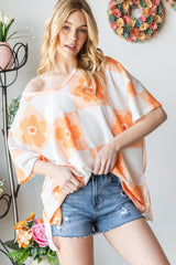 HOPELY Contrast Checkered Floral V-Neck T-Shirt - Trendsi