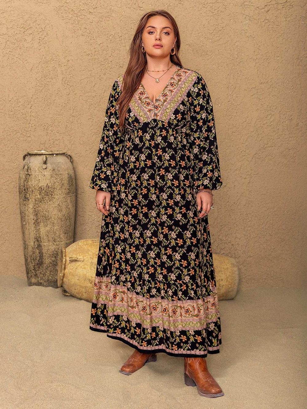 Plus Size Floral V-Neck Balloon Sleeve Dress - Trendsi - Flyclothing LLC