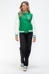 Love Me Now PU Leather Contrast Snap Down Bomber Jacket - Trendsi