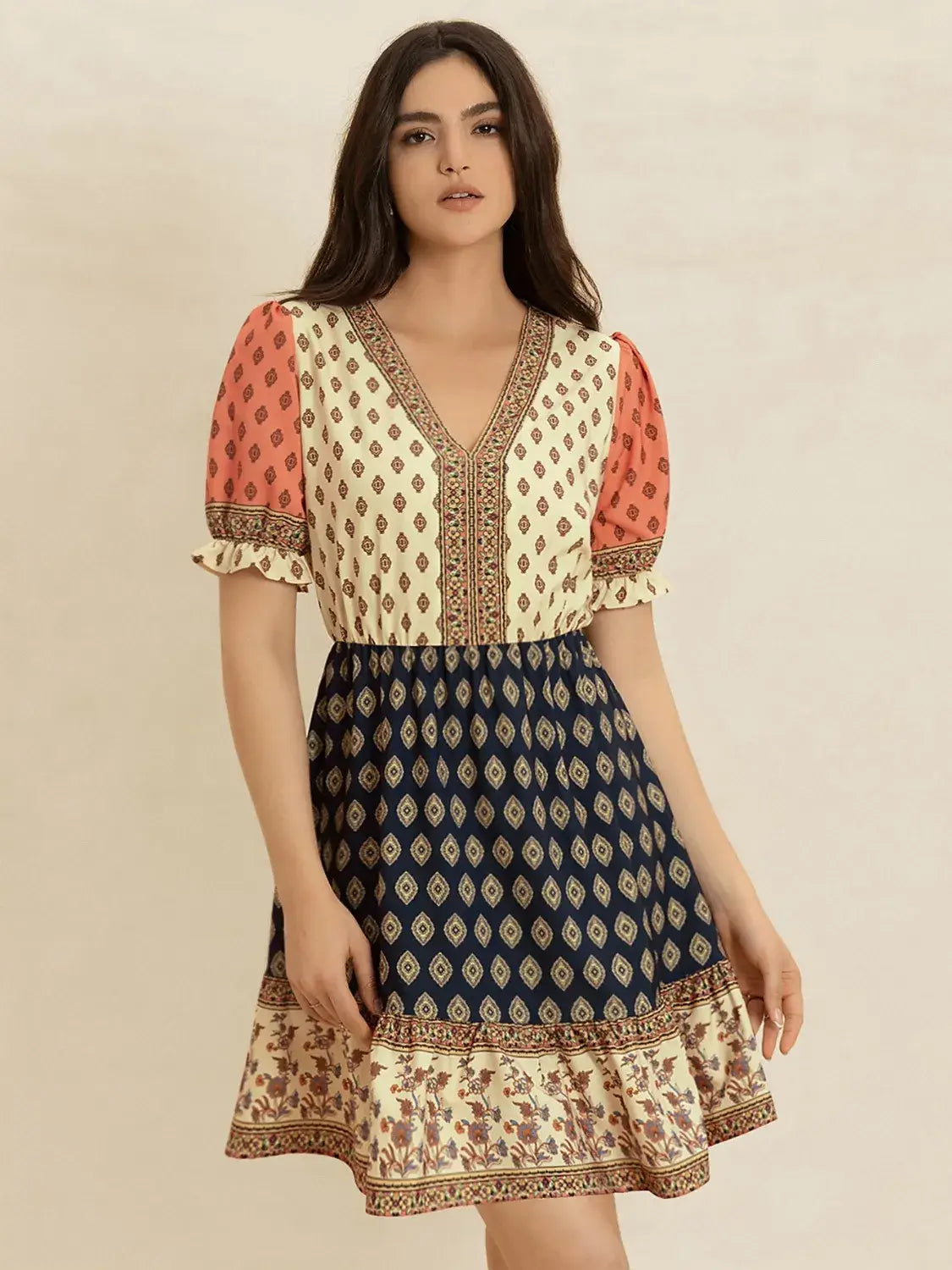 Printed V-Neck Short Sleeve Dress - Trendsi - Flyclothing LLC