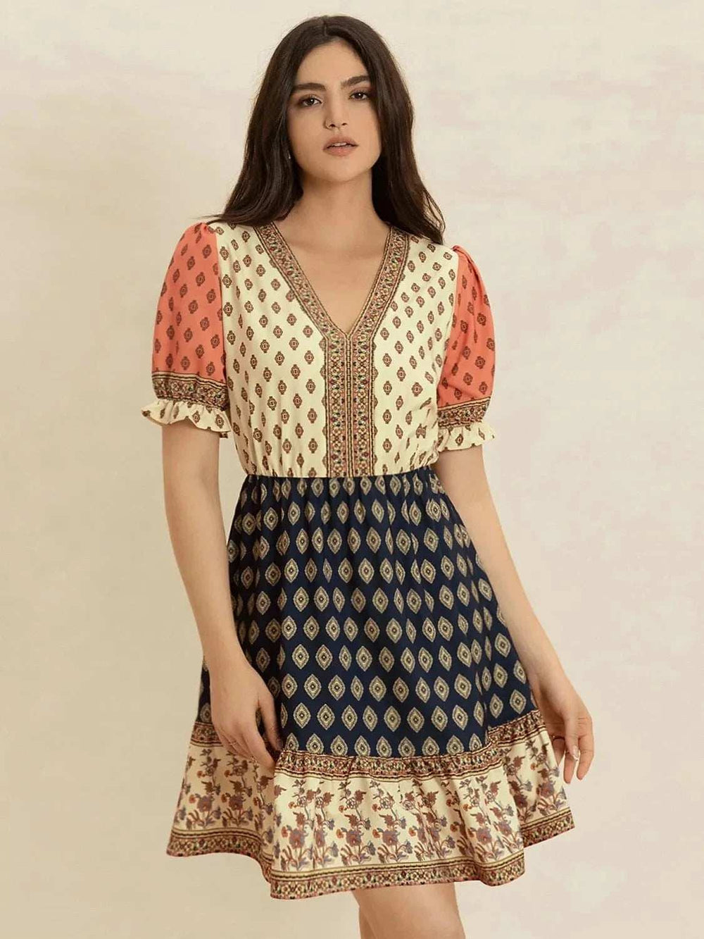 Printed V-Neck Short Sleeve Dress - Trendsi - Flyclothing LLC