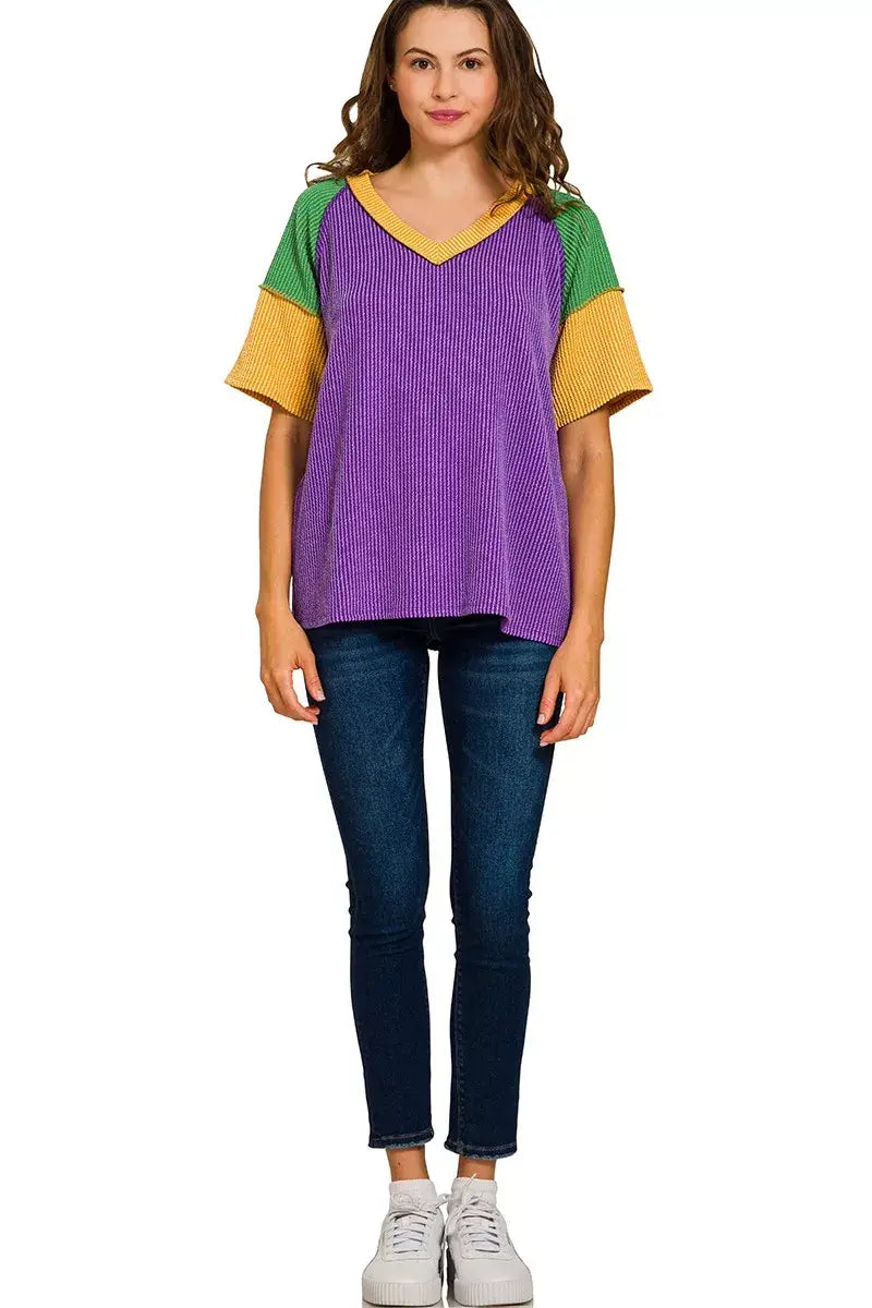 Zenana Mardi Gras Raised Rib Color Block Top - Trendsi - Flyclothing LLC