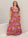 Plus Size Button Up Printed Short Sleeve Maxi Dress - Trendsi