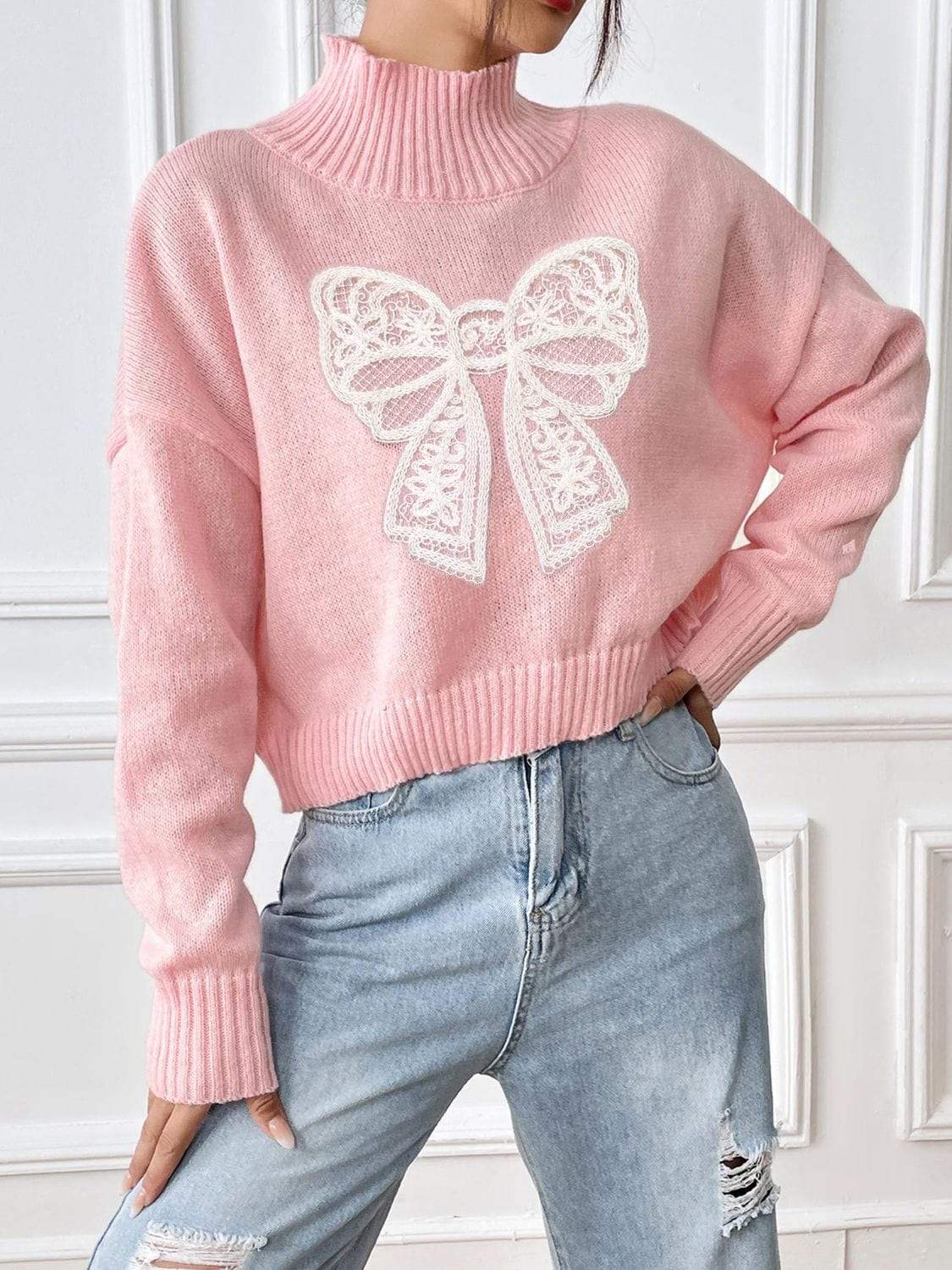 Bow Turtleneck Long Sleeve Sweater - Trendsi - Flyclothing LLC