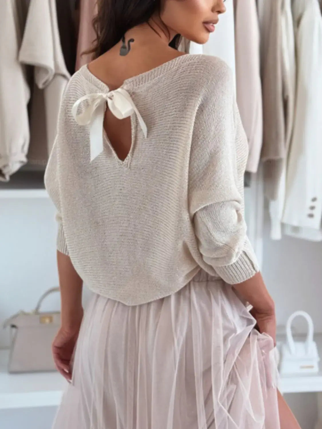 Bow Back Boat Neck Batwing Sleeve Sweater - Trendsi - Flyclothing LLC