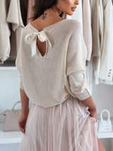 Bow Back Boat Neck Batwing Sleeve Sweater - Trendsi - Flyclothing LLC