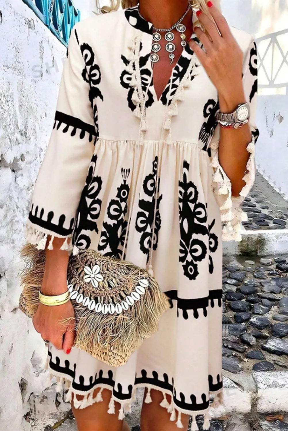 Tassel Printed Three-Quarter Sleeve Mini Dress - Trendsi - Flyclothing LLC