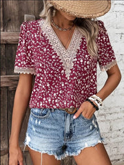 Full Size Printed V-Neck Short Sleeve Blouse - Trendsi