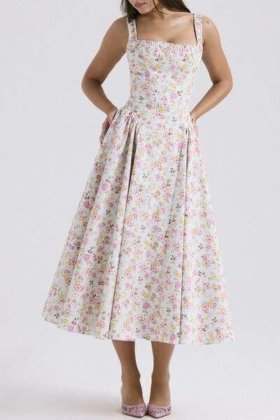 Floral Square Neck Wide Strap Midi Dress - Trendsi - Flyclothing LLC