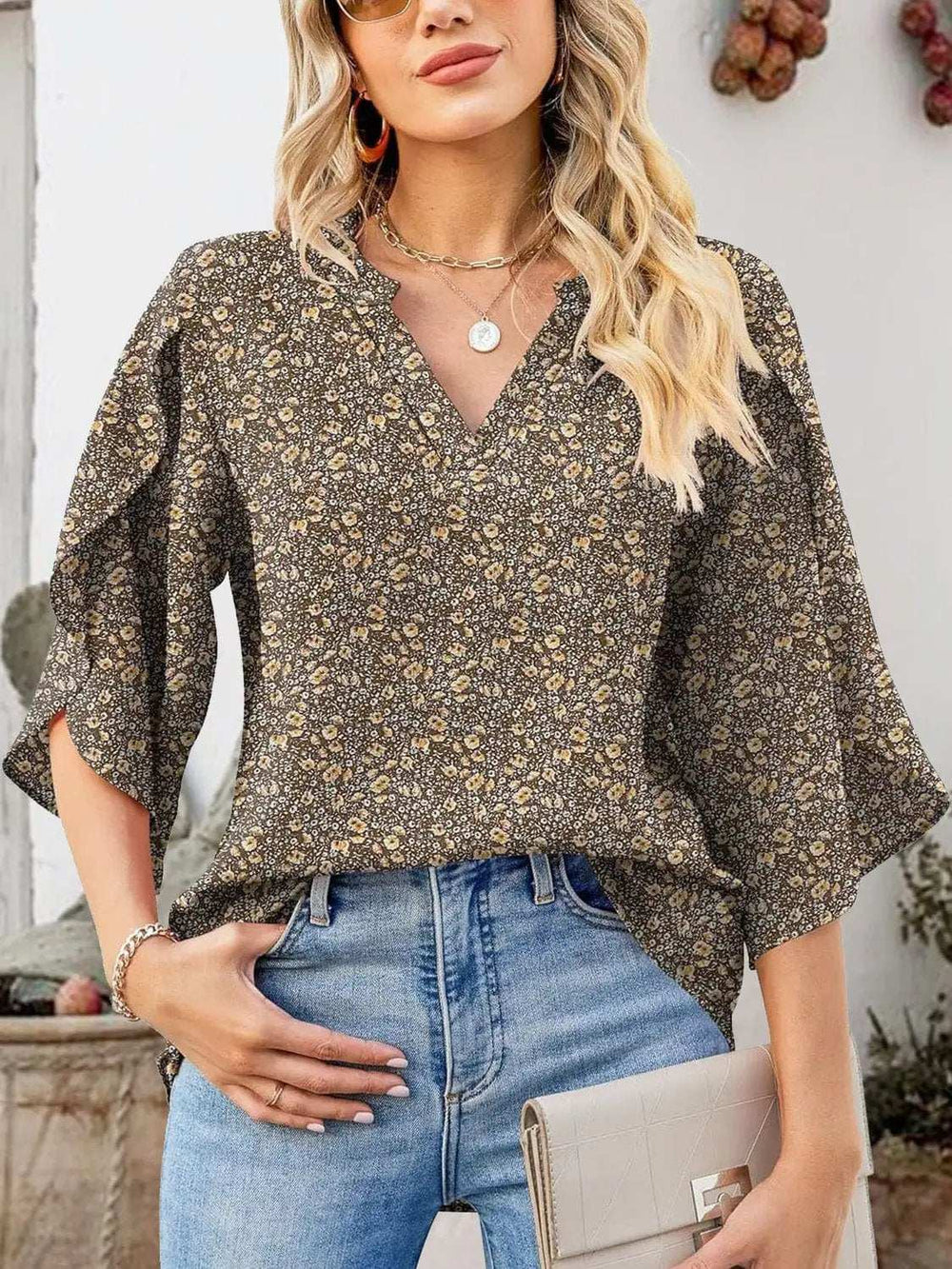 Printed Notched Half Sleeve Blouse - Trendsi - Flyclothing LLC