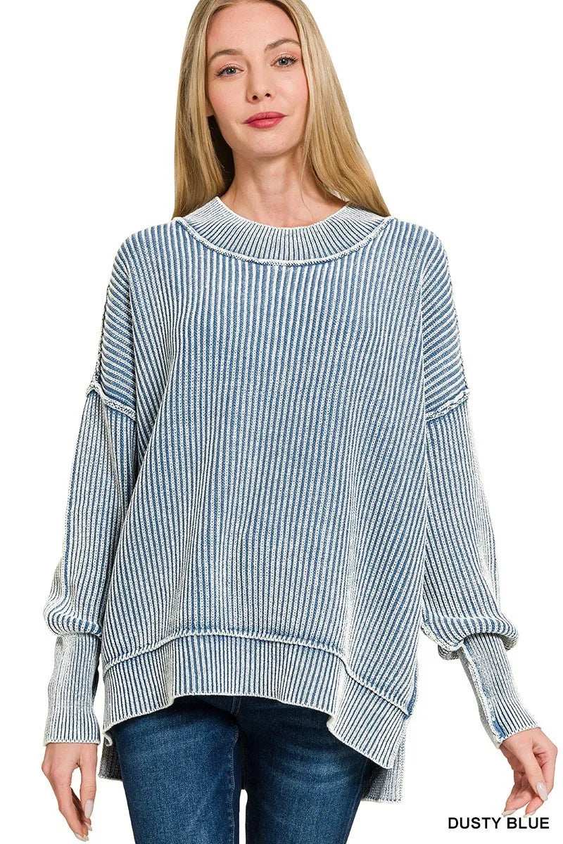 Zenana Washed Side Slit Oversized Sweater - Trendsi - Flyclothing LLC