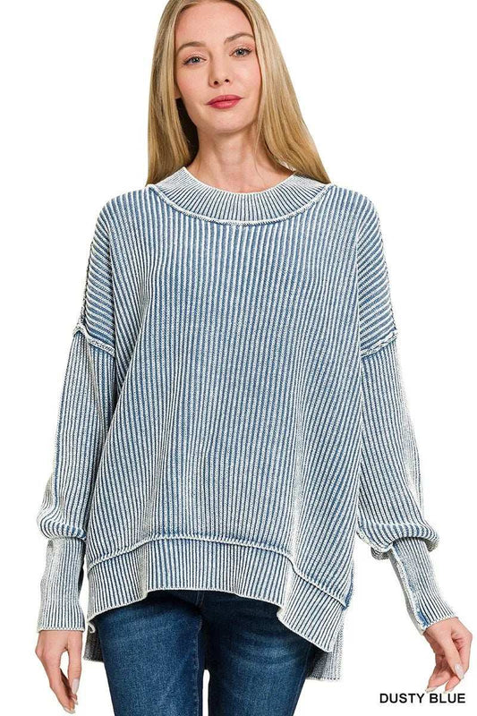 Zenana Washed Side Slit Oversized Sweater - Trendsi - Flyclothing LLC