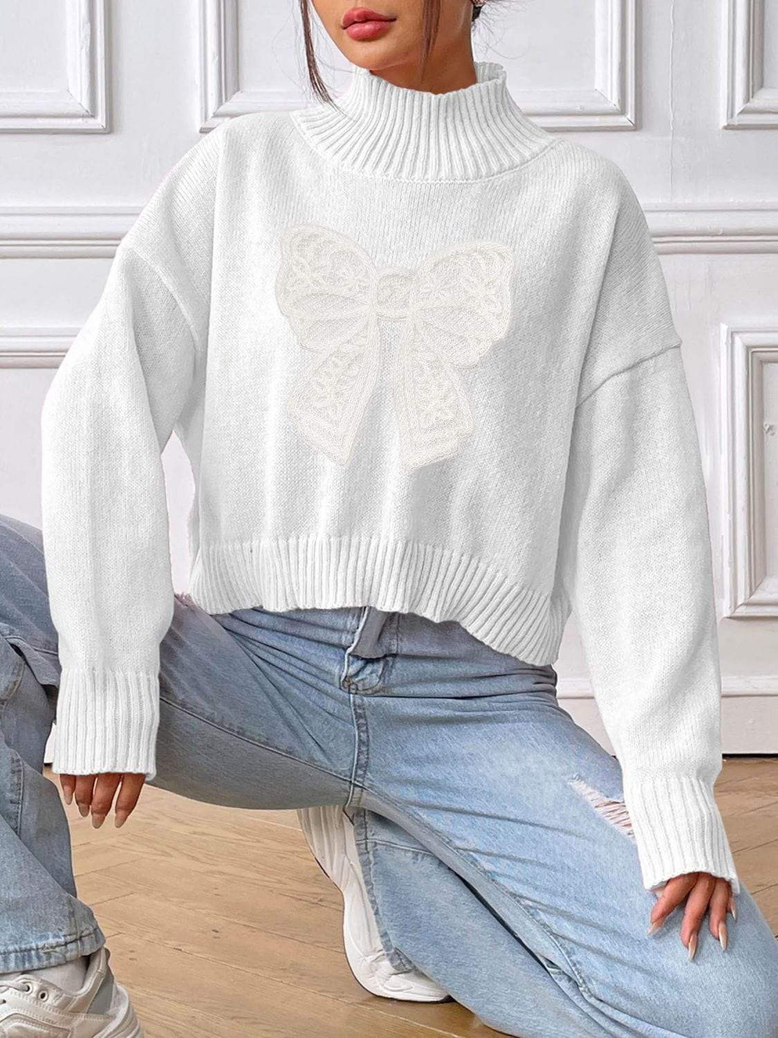 Bow Turtleneck Long Sleeve Sweater - Trendsi - Flyclothing LLC