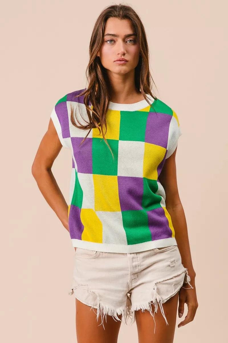 BiBi Mardi Gras Checker Pattern Sleeveless Sweater Top - Trendsi - Flyclothing LLC