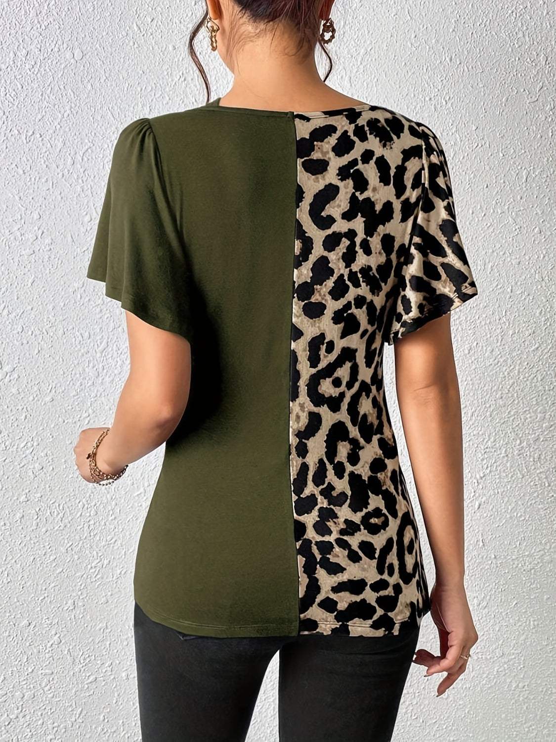 Ruched Leopard Flutter Sleeve T-Shirt - Trendsi - Flyclothing LLC