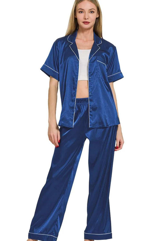 Zenana Satin Short Sleeve Top and Pants Pajama Set - Trendsi - Flyclothing LLC