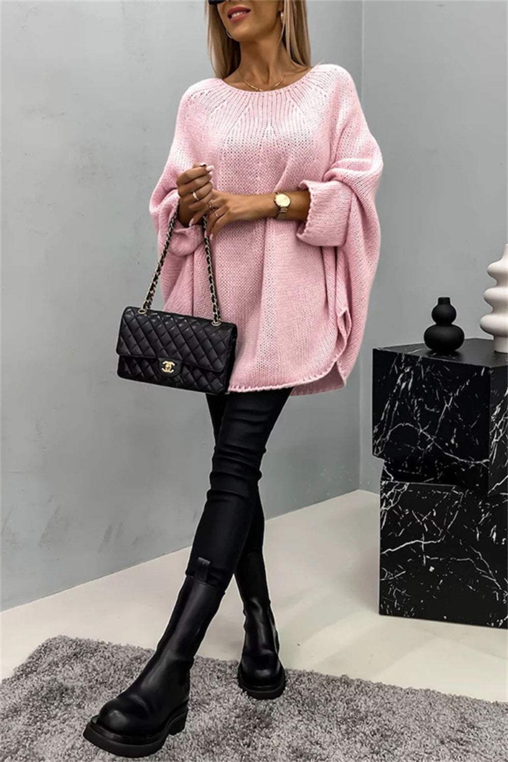 Round Neck Batwing Sleeve Sweater - Trendsi - Flyclothing LLC