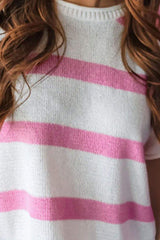 Striped Round Neck Short Sleeve Knit Top - Trendsi - Flyclothing LLC