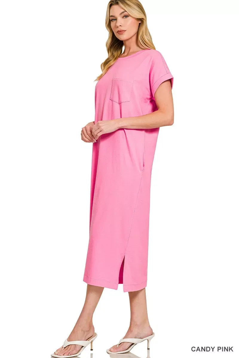 Zenana Round Neck Short Sleeve Midi Dress - Trendsi - Flyclothing LLC