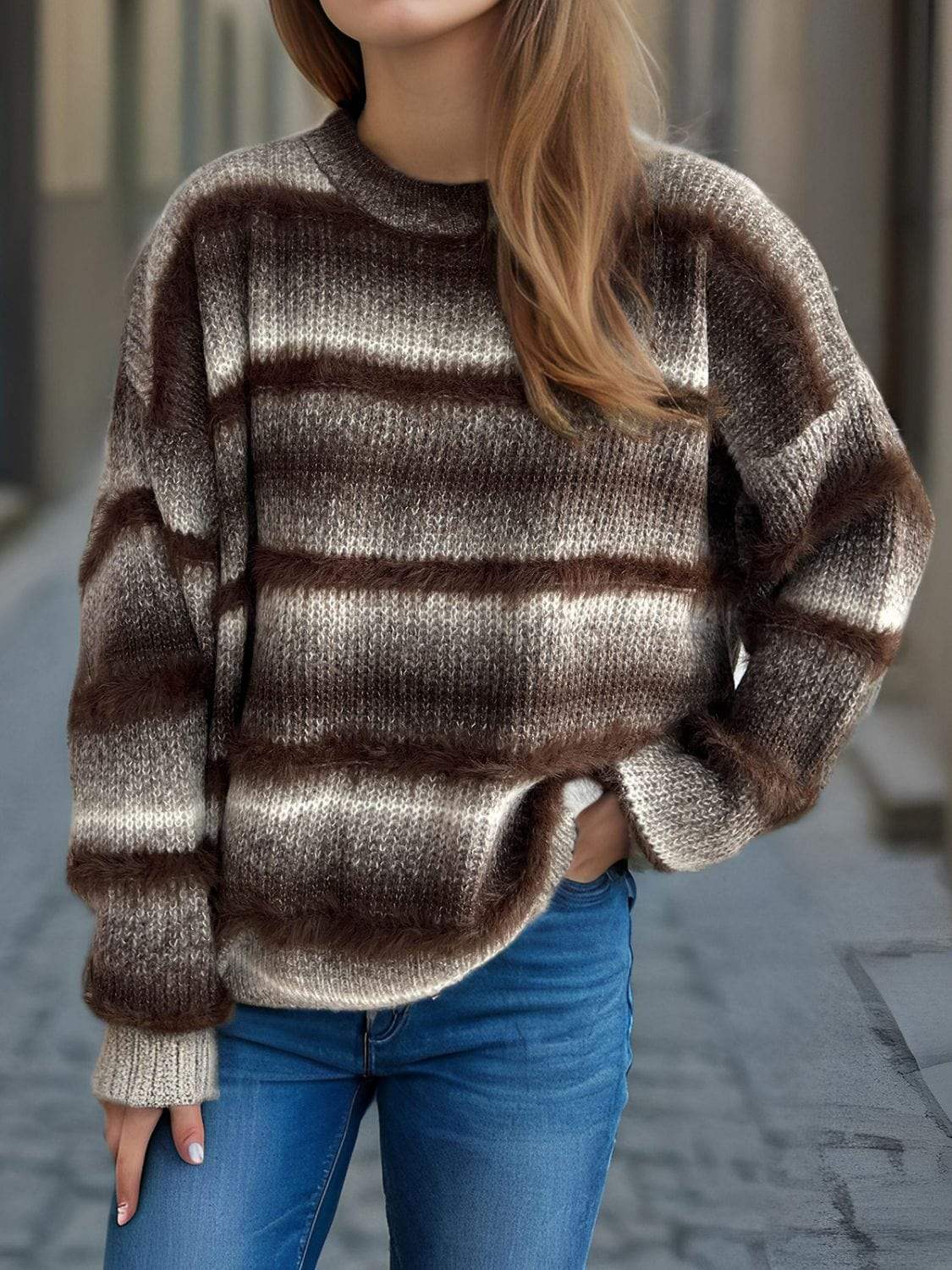 Gradient Round Neck Dropped Shoulder Sweater - Trendsi - Flyclothing LLC