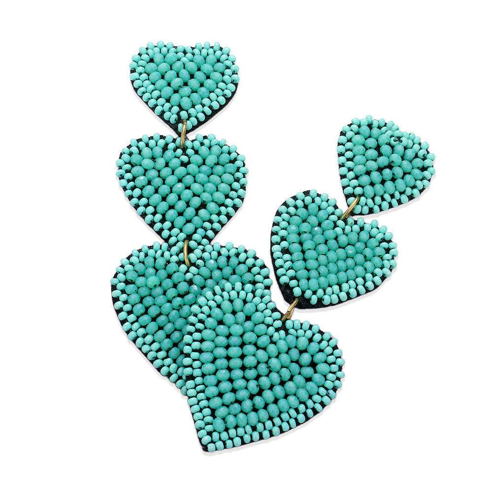 Felt Back Beaded Triple Heart Link Dangle Earrings - Madeline Love - Flyclothing LLC