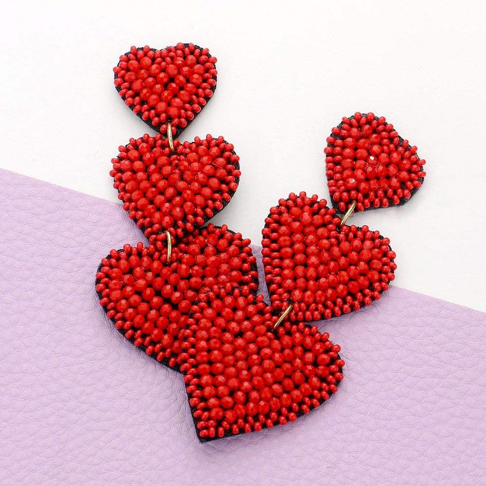 Felt Back Beaded Triple Heart Link Dangle Earrings - Madeline Love - Flyclothing LLC