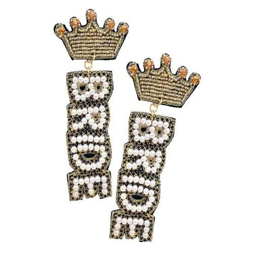 Felt Back Pearl Beaded Bride Crown Dangle Earrings - Madeline Love - Flyclothing LLC
