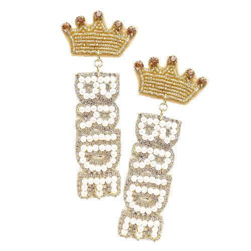 Felt Back Pearl Beaded Bride Crown Dangle Earrings - Madeline Love - Flyclothing LLC