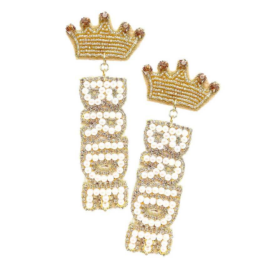 Felt Back Pearl Beaded Bride Crown Dangle Earrings - Madeline Love - Flyclothing LLC
