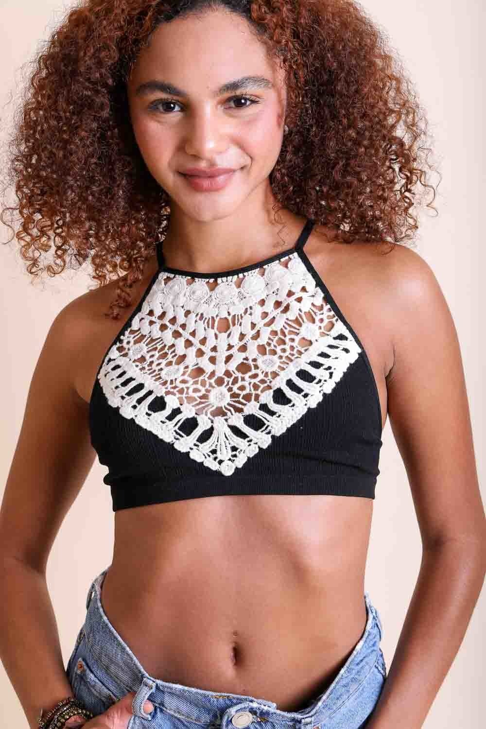 High Neck Crochet Lace Bralette – Stylish Layering Essential - Boho Clothing and Accessories - Flyclothing LLC