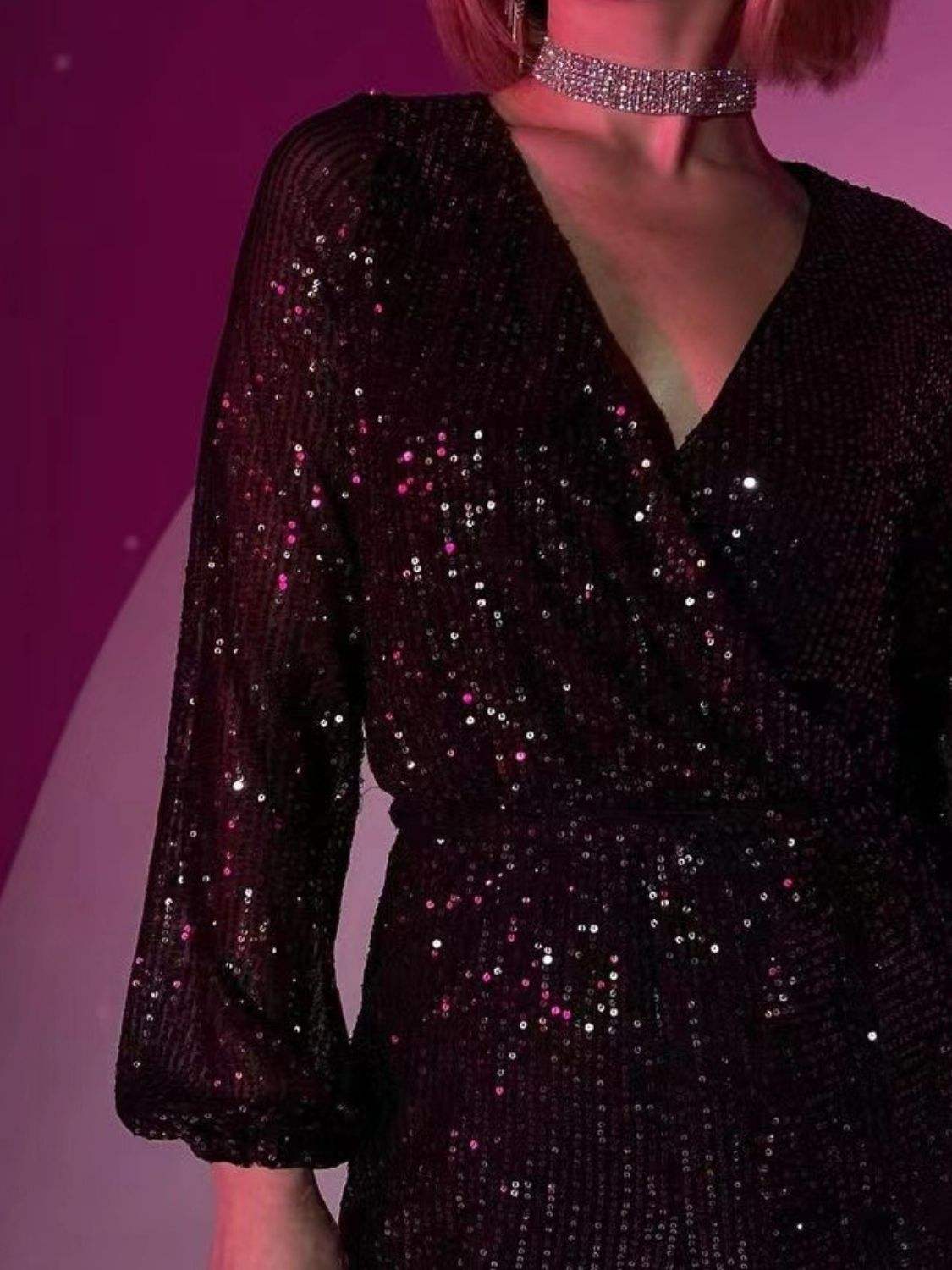 Full Size Sequin Surplice Tie Waist Long Sleeve Romper - Trendsi - Flyclothing LLC