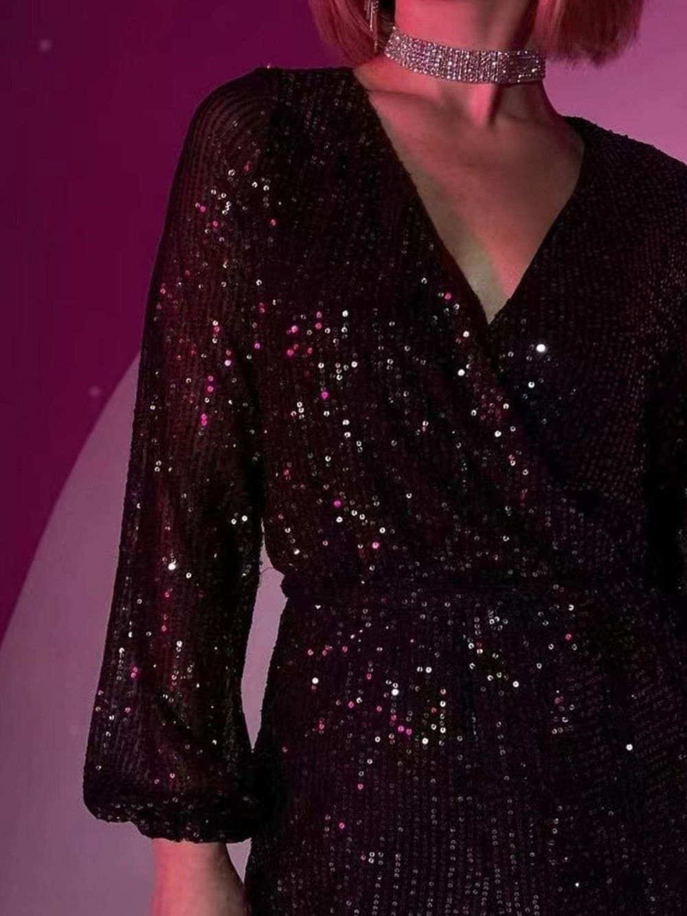 Full Size Sequin Surplice Tie Waist Long Sleeve Romper - Trendsi - Flyclothing LLC