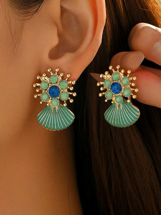 Resin Stainless Steel Rhinestone Shell Drop Earrings - Trendsi - Flyclothing LLC
