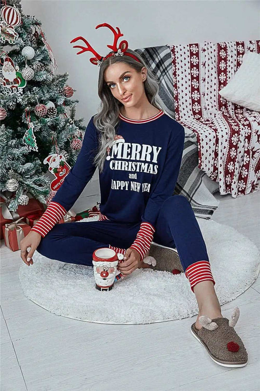 Striped Trim Letter Graphic Round Neck Top and Pants Set - Trendsi - Flyclothing LLC