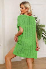 Double Take Openwork Short Sleeve Slit Knit Cover Up - Trendsi - Flyclothing LLC
