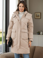 Long Sleeve Longline Hooded Winter Coat with Pockets - Trendsi