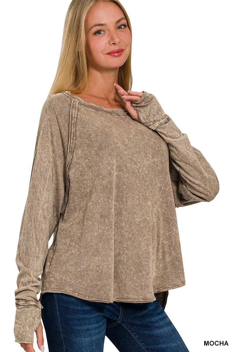 Zenana Crinkle Washed Thumb Hole Cuffs Long Sleeve Top - Trendsi - Flyclothing LLC