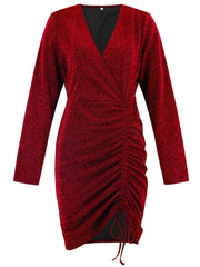 Ruched Heathered Surplice Long Sleeve Mini Dress - Trendsi