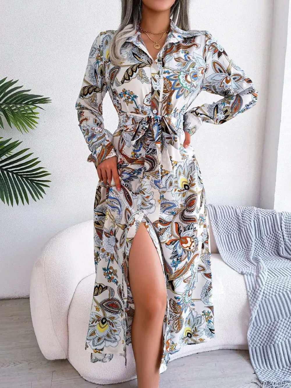 Tied Printed Long Sleeve Midi Dress - Trendsi - Flyclothing LLC