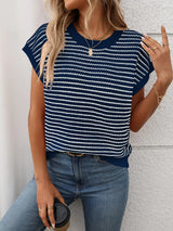 Striped Round Neck Short Sleeve Knit Top - Trendsi - Flyclothing LLC